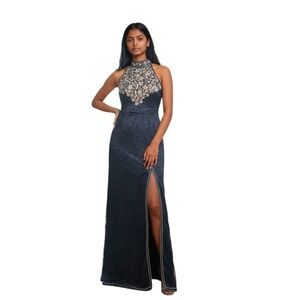Vintage Papell Boutique Silk Black Beaded Halter Max Dress with Slit 6 Prom